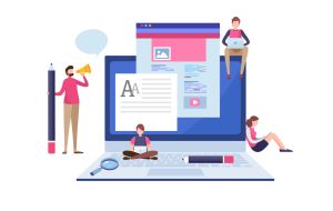 Blogging, Blogger. Freelance. Creative writing. Copy writer. Content management. Flat cartoon miniature  illustration vector graphic on white background.