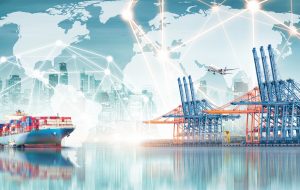 Global business logistics import export background of Container Cargo ship and Cargo plane with working crane bridge in seaport, transport concept