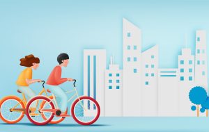 Young couple ride bicycles for world bicycle day and car free day in pastel color scheme concept art vector illustration