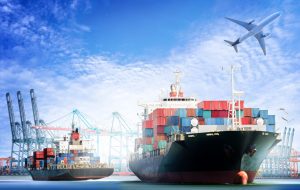Container Cargo ship and Cargo plane with working crane bridge in shipyard background, logistic import export background and transport industry.