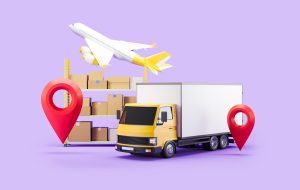 Delivery service and cardboard box on shelf, purple background. Airplane and van, international logistics. Concept of import and export. 3D rendering