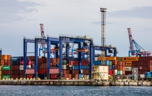 Odessa, Ukraine - June 3, 2022: Container terminal of Odessa sea commercial port.