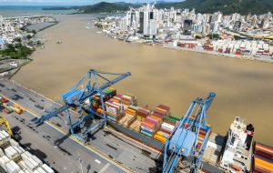 Navegantes, Santa Catarina, Brazil Circa March 2022: Aerial view of APM Terminals Navegantes and its urban surroundings