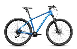 New cross country mountain bicycle with 29 inches wheels and blue frame isolated on white background.