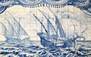 Historical "Azulejo" ceramic tiles, ca 1775 depicting caravels on the Portuguese voyages of discovery. Oeiras, Lisbon, Portugal. No copyright issues, 18th century public location.