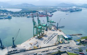 Aerial view of Santos city port region in Brazil.