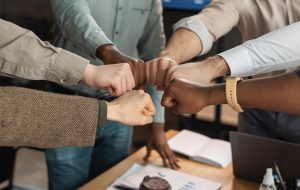 Teamwork, Power, Unity And Partnership Concept. Closeup sropped view of multucultural group of people making fist bump standing in circle. Workers doing fist pump together celebrating good deal