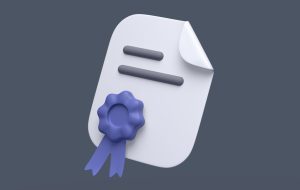 3d simple certificate or diploma icon with blue stamp and bent corner on grey pastel background. Hight quality 3d illustration or render.