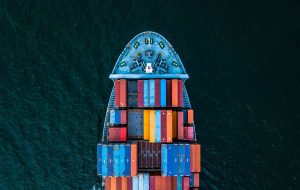 International Container Cargo ship in operation.