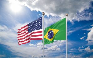 Realistic 3D Illustration. USA and Brazil. Waving flags of America and Brazil.