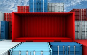 Whole side and empty red container box at cargo freight ship, 3d rendering