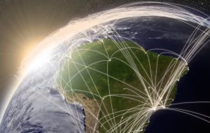 South America with network representing major air traffic routes. Elements of this image furnished by NASA.