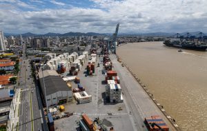 Itajaí, Santa Catarina, Brazil Circa March 2022: Aerial view of APM Terminals Itajaí and its urban surroundings
