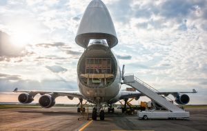 Unloading widebody cargo airplane